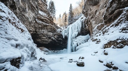 Wall Mural - winter waterfall cascading through icy cliffs in a secluded forest location