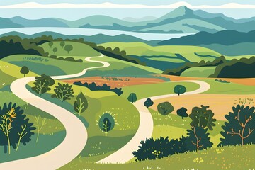 Poster - Winding Road Through Green Hills and Mountains Landscape Illustration