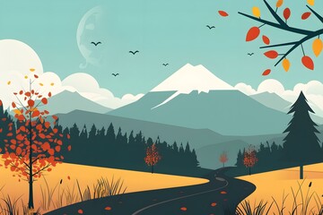 Poster - Autumn Mountain Road With Falling Leaves Illustration