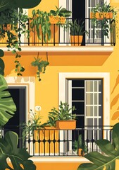 Canvas Print - Yellow Building with Green Plants and Balcony