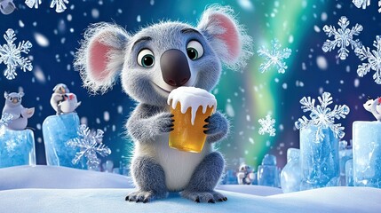 Wall Mural -   Koala in Snowy Scene with Glass of Beer