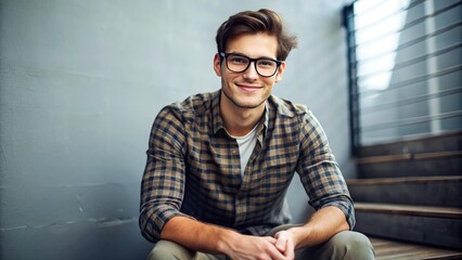 A confident young adult with stylish eyewear and a warm smile, possessing an intelligent and curious expression, sits in a modern minimalist environment.