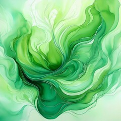 Wall Mural - Beautiful abstraction of green liquid paints in slow blending flow mixing together gently