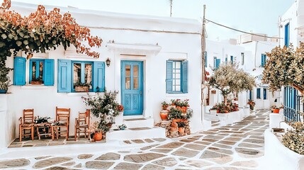 Wall Mural -   A cobblestone street lined with blue shutters and potted plants leads to a white building adorned with blue shutters