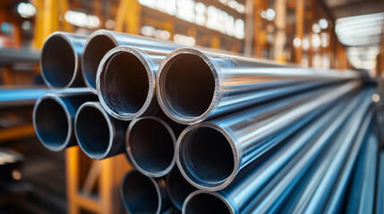 Galvanized steel pipe, Aluminum, chrome stainless pipes stack in warehouse.