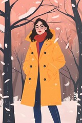 Wall Mural - Woman Wearing Yellow Winter Coat in Snow Forest Illustration