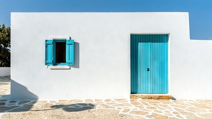 Wall Mural -   A white building with a blue door, a window with a blue shutter, and a tree in front