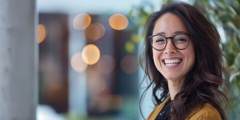 Sticker - A woman with long hair and glasses is smiling. She is wearing a yellow jacket and a black shirt