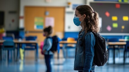 Canvas Print - A girl wearing a face mask in an empty classroom, AI