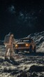 © David - Astronaut explores the lunar surface near a vintage vehicle under a starry sky at night