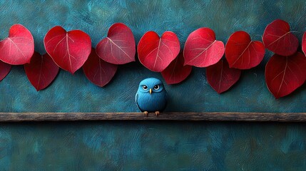 Poster -  Blue bird on wooden branch with red leaves on green wall