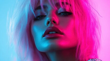 A person with light-colored hair stands, bathed in blue and pink gradient lighting, emphasizing the vibrant and stylish urban nightlife scene with an abstract touch.