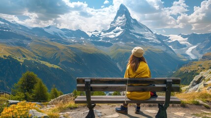 Sticker - Woman Admires Breathtaking Swiss Alps