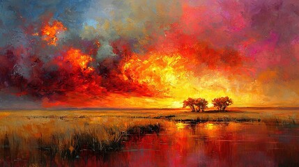 Wall Mural -   A sunset painting over water features two trees and a cloudy backdrop