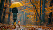 © Nick Alias - Autumn Walk in the Rain: Woman with Yellow Umbrella Strolling with Dog in Colorful Forest