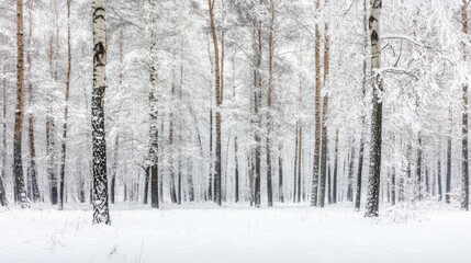 Wall Mural - snow-covered forest with tall trees in winter landscape during a cloudy day