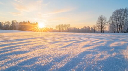 Wall Mural - sunrise over snow-covered fields with gentle ripples and silhouetted trees in winter landscape