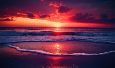 Fiery red and orange sunset, calm ocean reflecting the vibrant colors