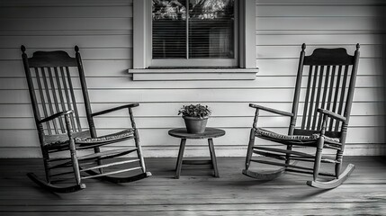 Wall Mural -   Two rocking chairs and a potted plant beside a house in black and white