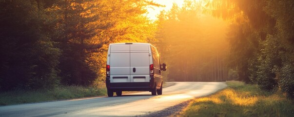 Wall Mural - White delivery van is driving down a country road at sunset, surrounded by lush green forest. The sun is setting behind the trees, casting a warm glow on the road and the van