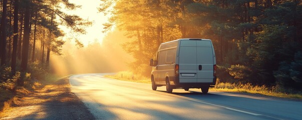 Poster - White delivery van driving down a sun-drenched forest road, with tall trees lining both sides. The image evokes a sense of freedom and adventure