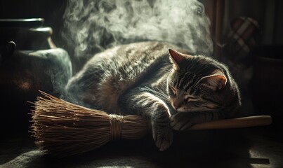 Wall Mural - Gray tabby cat curled up comfortably on a floating broom