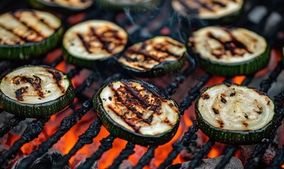 Poster - Grilled zucchini and eggplant slices roasting over red-hot coals