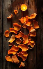 Wall Mural - A lit candle sits on a table with an apple and some apple peels