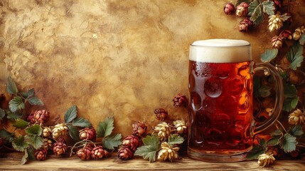 Canvas Print - Glass mug full of fresh beer with a foamy head sits on a rustic wooden table surrounded by fresh hops. The image evokes a warm and inviting atmosphere