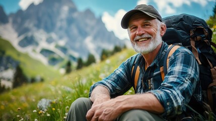 Wall Mural - A man with a backpack sitting on the side of a mountain, AI