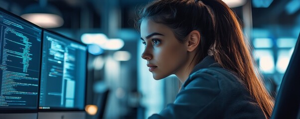 Computer programmer working on source code at her desk in an office. She is concentrating on her work in the dimly lit office