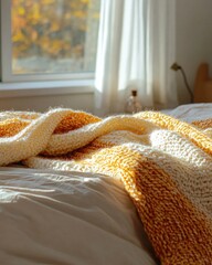 Wall Mural - Knitted blanket in fall colors, soft and cozy, resting on the edge of a bed