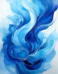 Wall Mural - Beautiful abstraction of blue liquid paints in slow blending flow mixing together gently