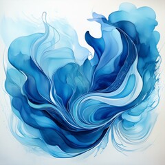 Beautiful abstraction of blue liquid paints in slow blending flow mixing together gently