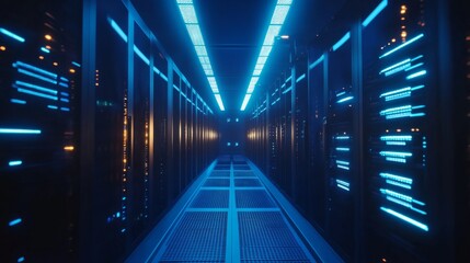 Poster - Walking through a glowing server room, blue and orange lights create a futuristic vibe, showcasing advanced technology and connectivity in the digital age