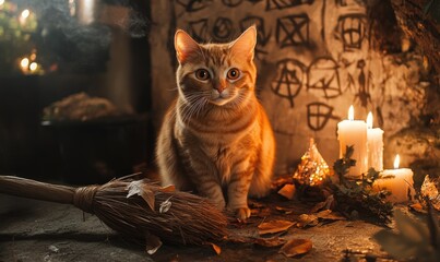 Wall Mural - Orange tabby cat sitting near the burning candle in which's room