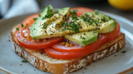 A slice of toasted sour dough bread with avocado and tomato on top