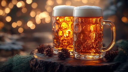 Canvas Print - Two mugs full of beer are standing on a wooden table with christmas lights in the background. Christmas celebration concept