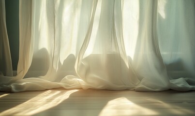 Wall Mural - Soft, semi-transparent curtains, lightly billowing in the morning sun