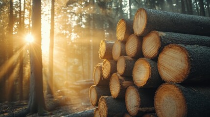 Freshly cut tree logs are stacked and ready for transportation outside during golden hour, with the sunlight shining through the trees