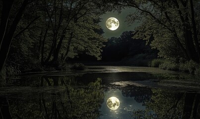 Wall Mural - Still pond reflecting the full moon, surrounded by tall trees