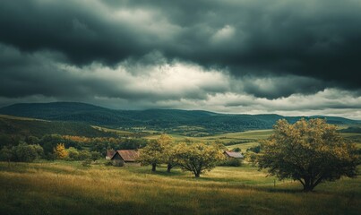 Wall Mural - Thick, gray clouds gathering over a quiet village