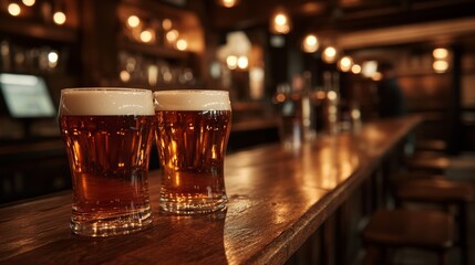 Canvas Print - Two glasses of beer are sitting on a bar counter in a pub, with the bartender visible in the background. The warm lighting and wooden interior create a cozy and inviting atmosphere