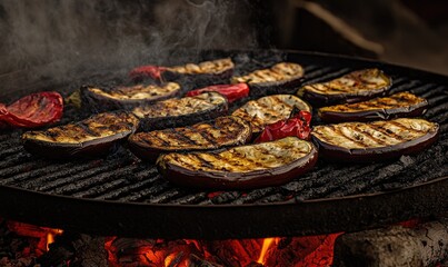 Wall Mural - Thick slices of eggplant and peppers grilling over the hot coals