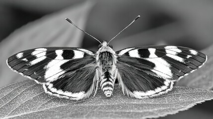 Sticker -   A monochrome image depicts a butterfly perched on a leaf with stripes on its wings