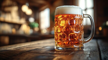 Canvas Print - Freshly poured glass of beer sits on a table in a dimly lit pub, its foamy head catching the light. The warm atmosphere invites you to relax and enjoy a cold drink