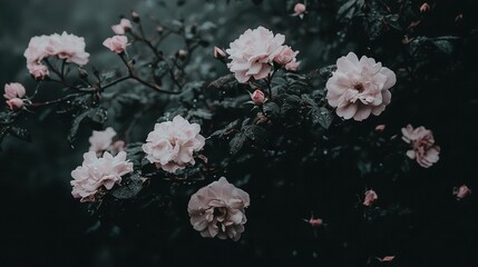 Poster -   A tree branch in a dark, foggy day with numerous pink flowers blooming on it