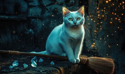 Wall Mural - White cat with bright eyes sitting calmly on a broomstick