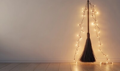 Wall Mural - Witch's broom adorned with glowing garlands