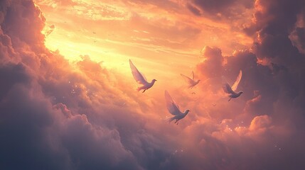 Sticker -   A flock of birds fly through cloudy skies as sunlight filters through the clouds